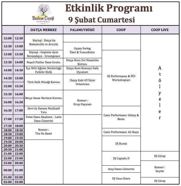 9 Şubat Cumartesi Etkinlik Programı